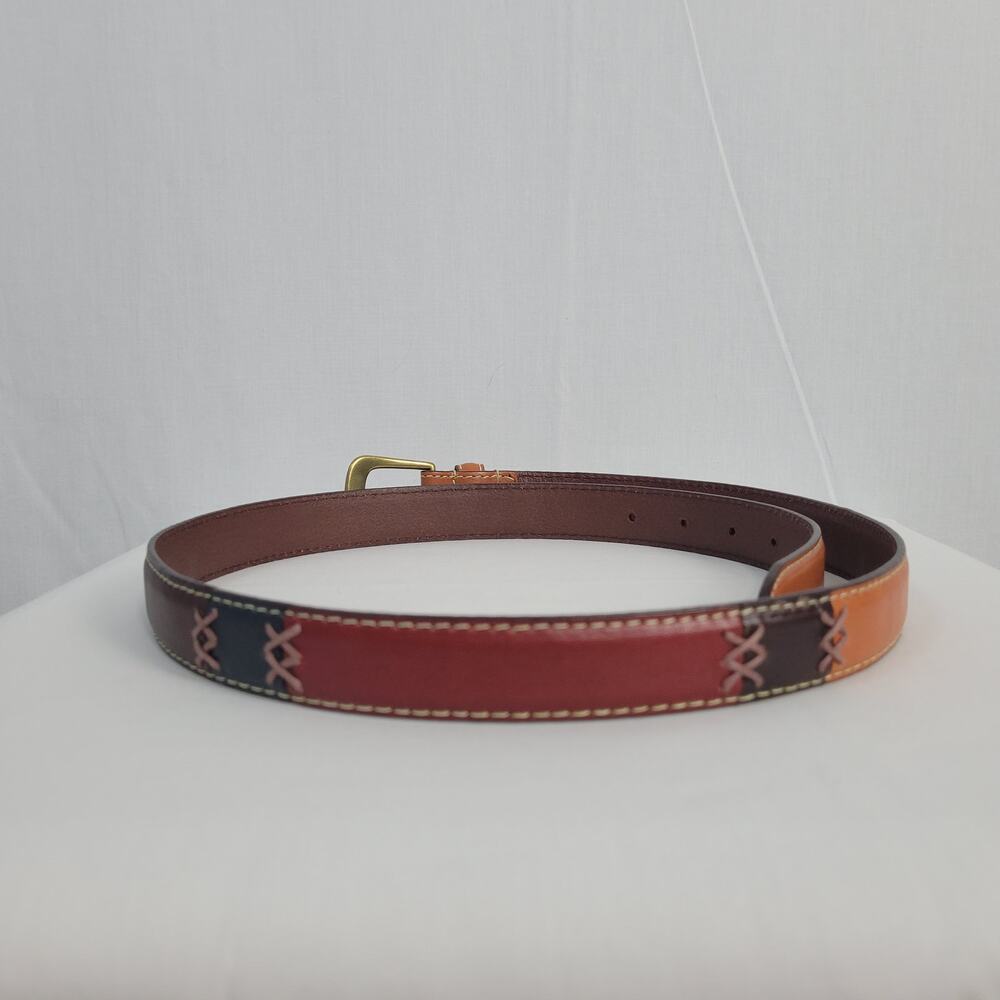 Earth Tone Patchwork Genuine Leather Belt women's sz L Boho Country Artsy Rodeo - Picture 5 of 9